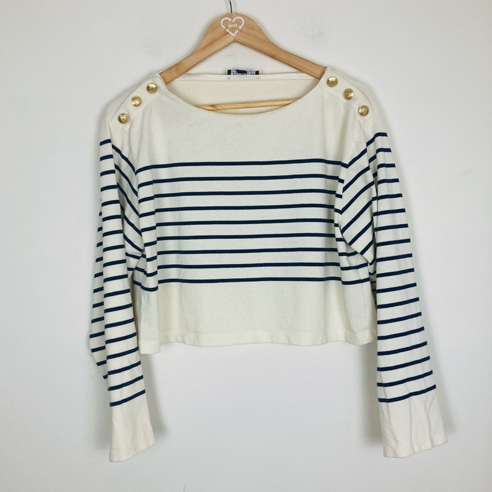 J. Crew white and navy Breton striped long sleeve cropped sailor top. Medium - Picture 4 of 8